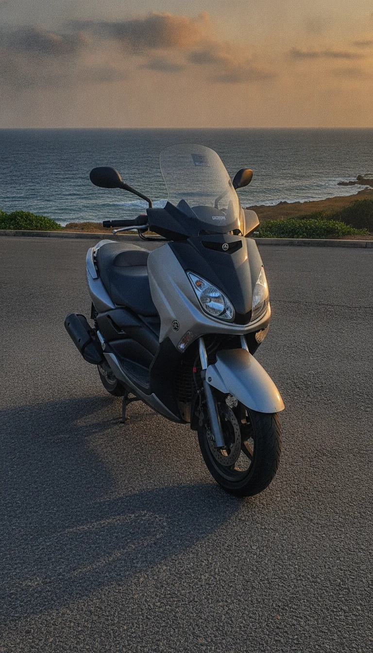 Location Yamaha XMAX 250 anthracite à Dakar, bord de mer au coucher du soleil